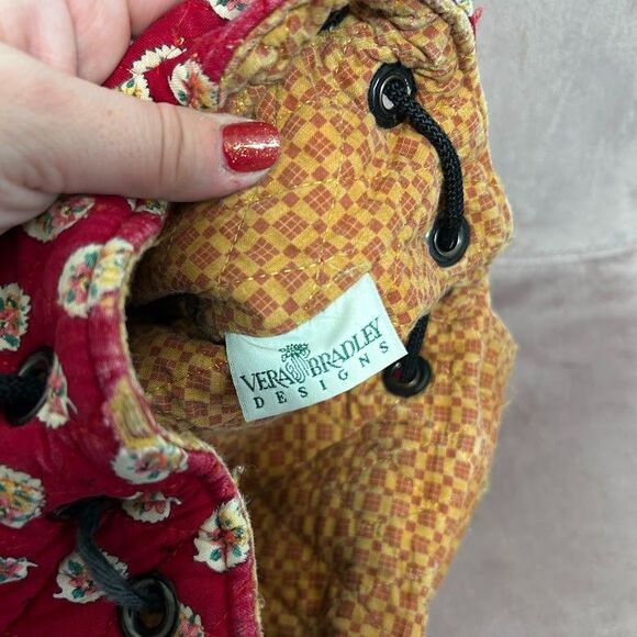 VTG Vera Bradley Drawstring Quilted Backpack Red Paisley Goji Berry Purse Small - Picture 6 of 13